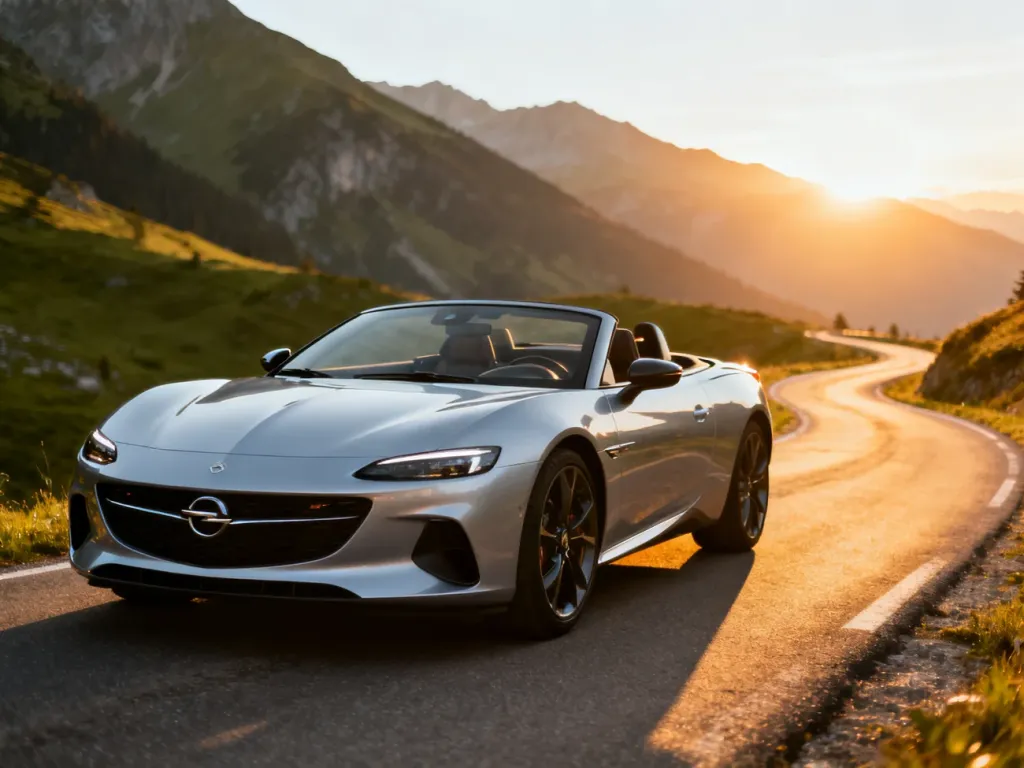 Srebrny Opel Speedster zaparkowany na krętej górskiej drodze w blasku zachodzącego słońca.