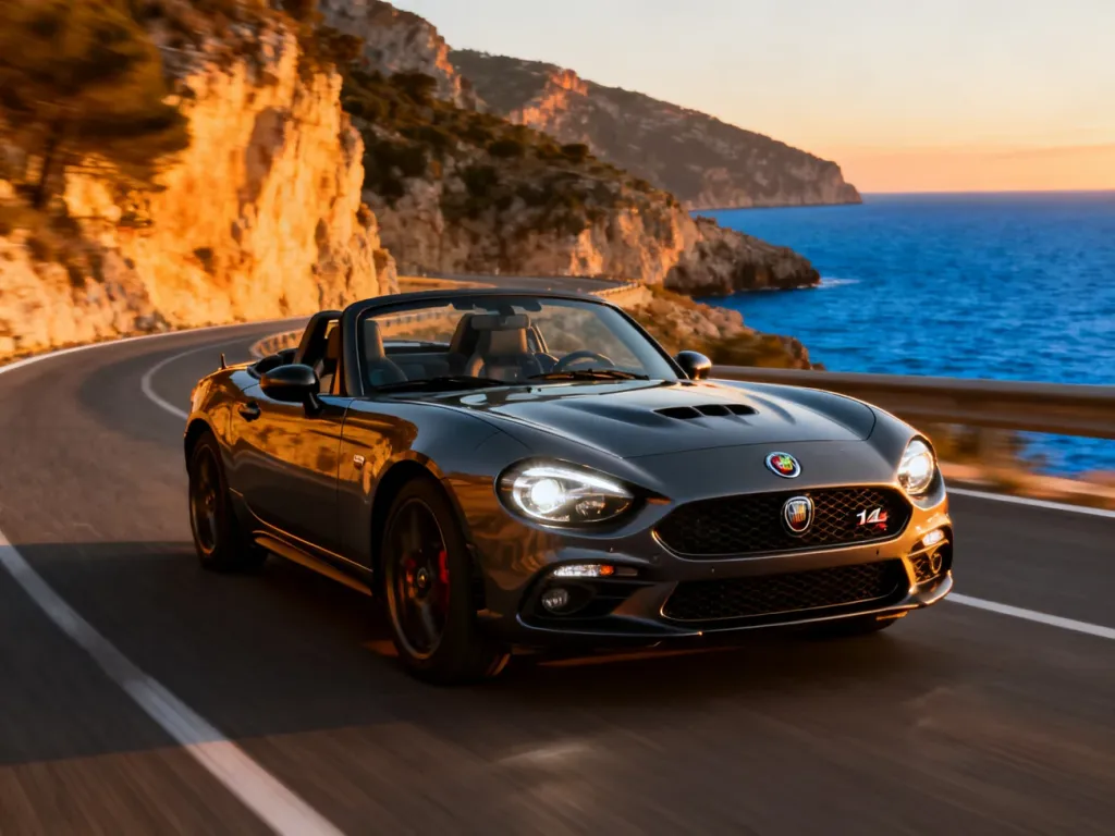Sportowy Abarth 124 spider jadący krętą nadmorską drogą w blasku zachodzącego słońca.