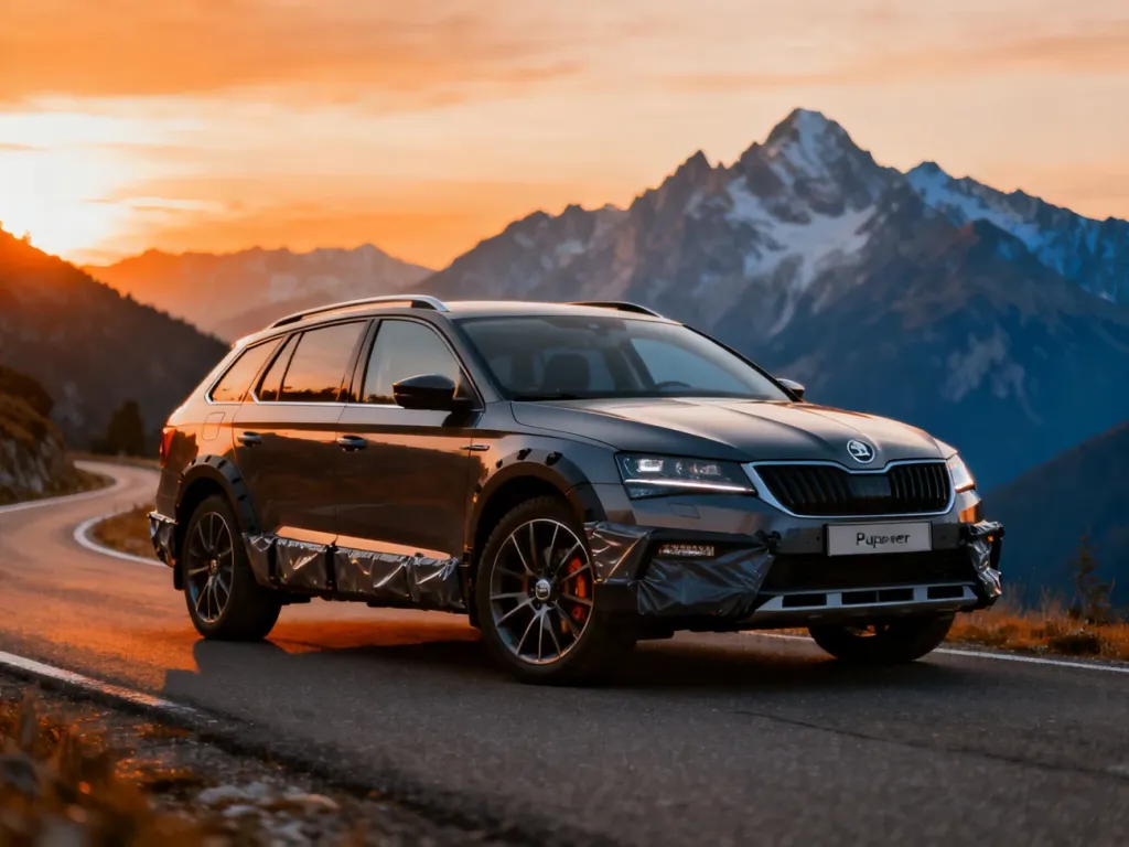 Skoda Superb Scout zaparkowana na górskiej drodze w świetle zachodzącego słońca, podkreślająca jej terenowy charakter.