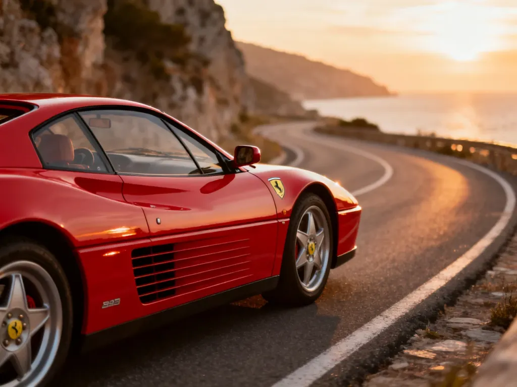 Czerwone Ferrari 348 zaparkowane na malowniczej, nadmorskiej drodze podczas zachodu słońca.