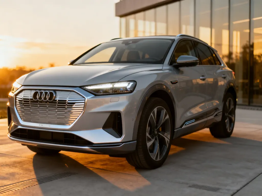 Srebrne Audi Q6 e-tron zaparkowane na nowoczesnym podjeździe w świetle zachodzącego słońca, eksponujące detale reflektorów.