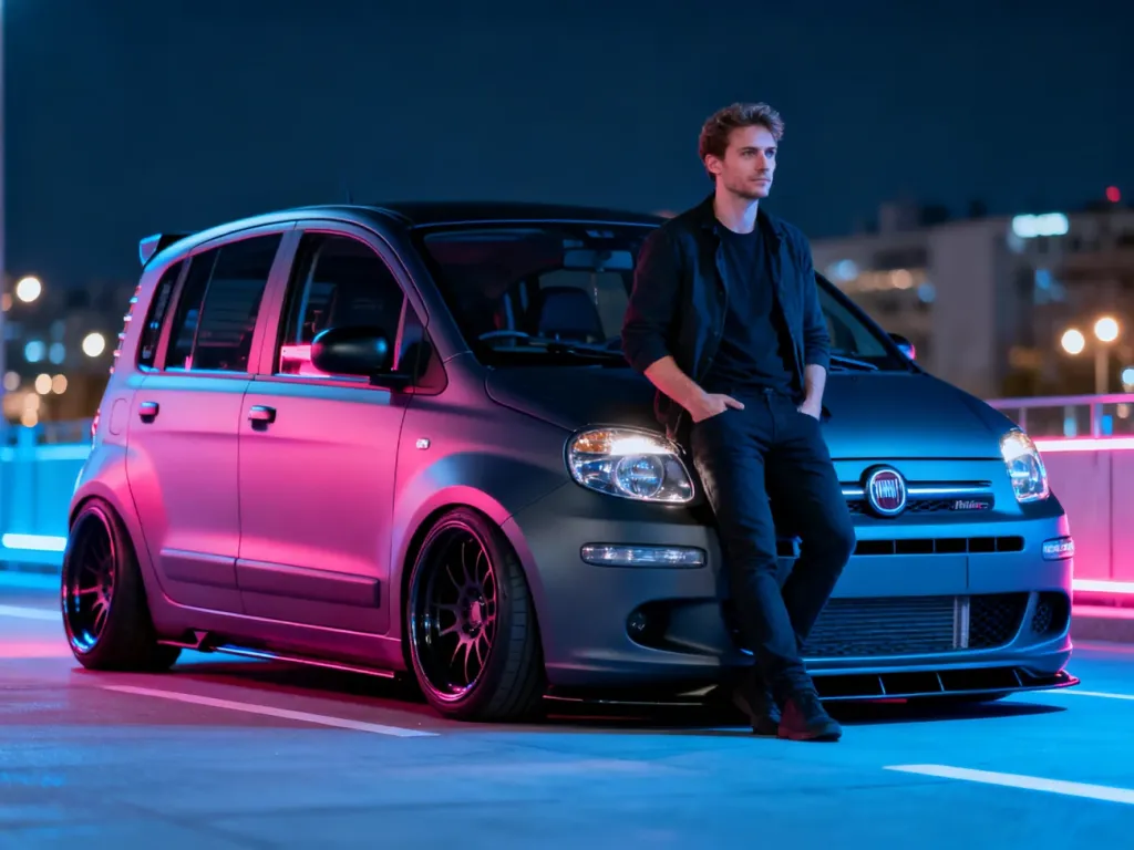 Zmodyfikowany Fiat Multipla z obniżonym zawieszeniem i sportowymi felgami, zaparkowany na tle neonowego miasta nocą.