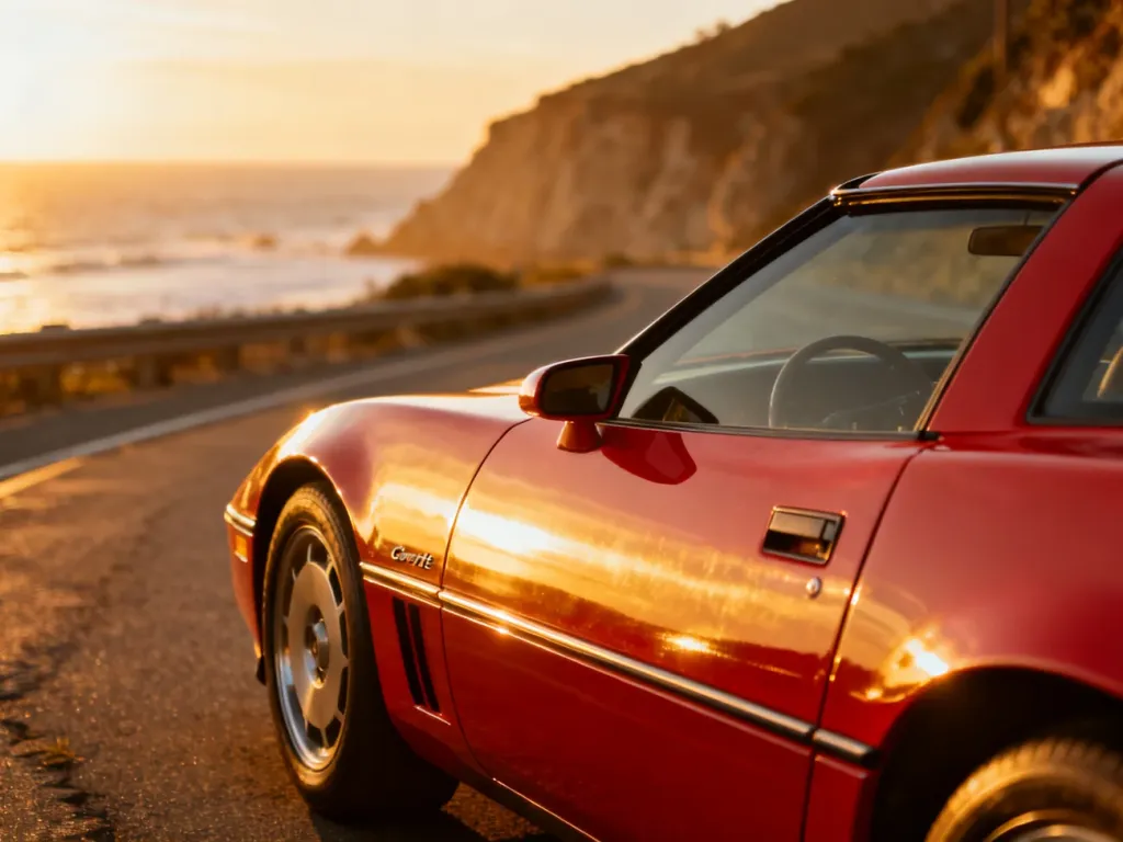 Czerwony Chevrolet Corvette C4 zaparkowany na nadmorskiej trasie podczas zachodu słońca.