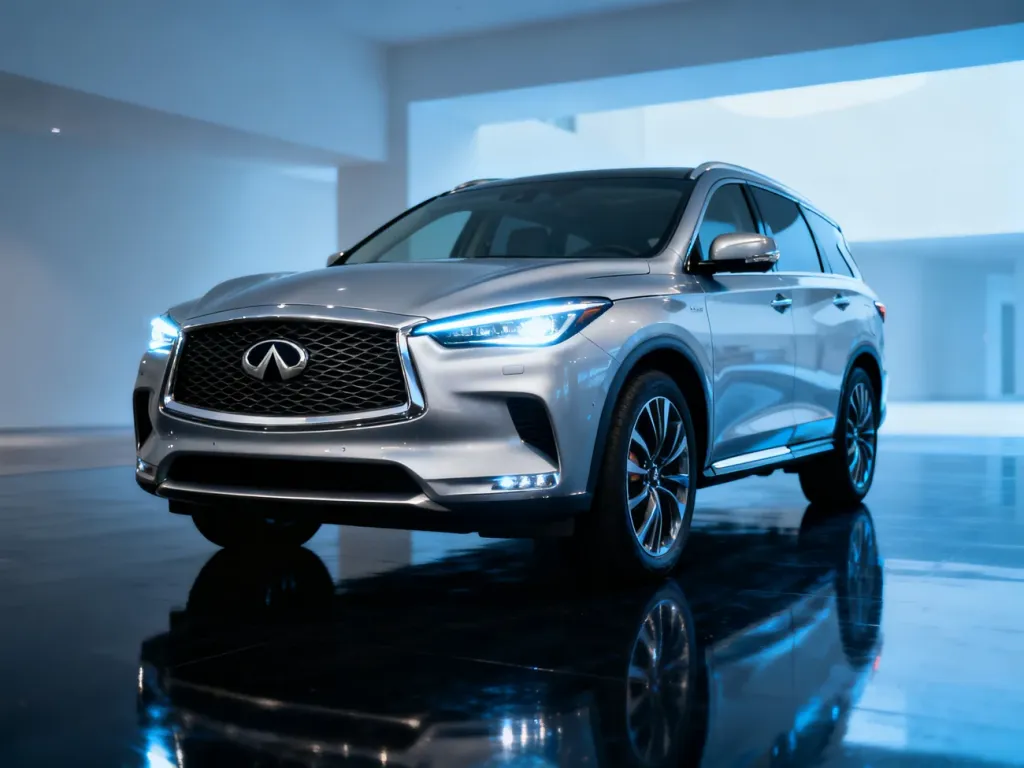 Srebrny SUV Infiniti QX60 w nowoczesnym studiu, prezentujący elegancki design przedniego pasa i reflektory LED.