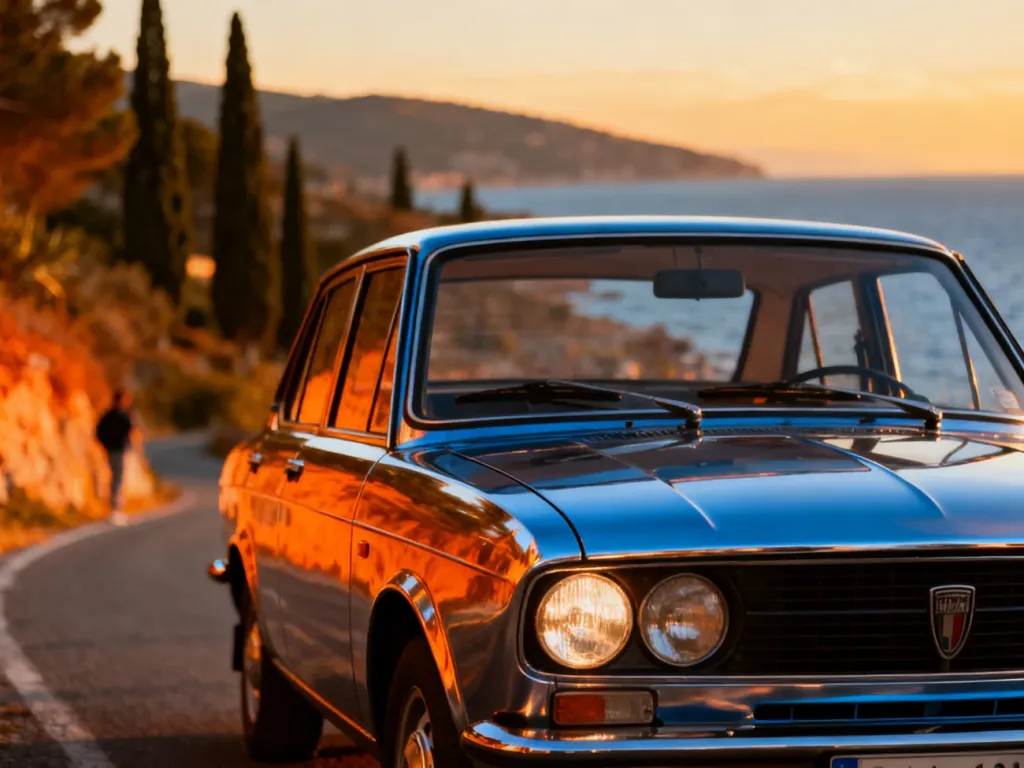 Klasyczny Fiat 131 zaparkowany na malowniczej włoskiej drodze w świetle zachodzącego słońca.