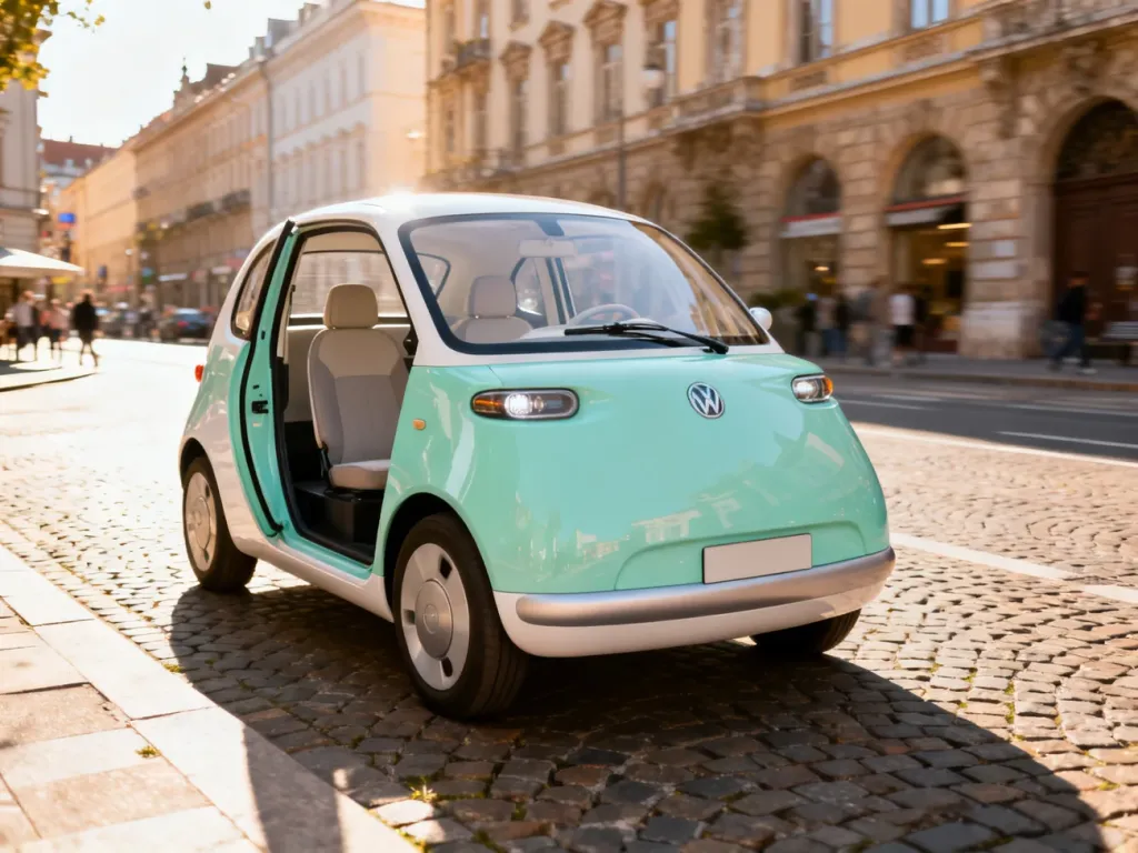 Kompaktowy elektryczny Microlino zaparkowany na słonecznej, europejskiej ulicy z historyczną architekturą w tle.