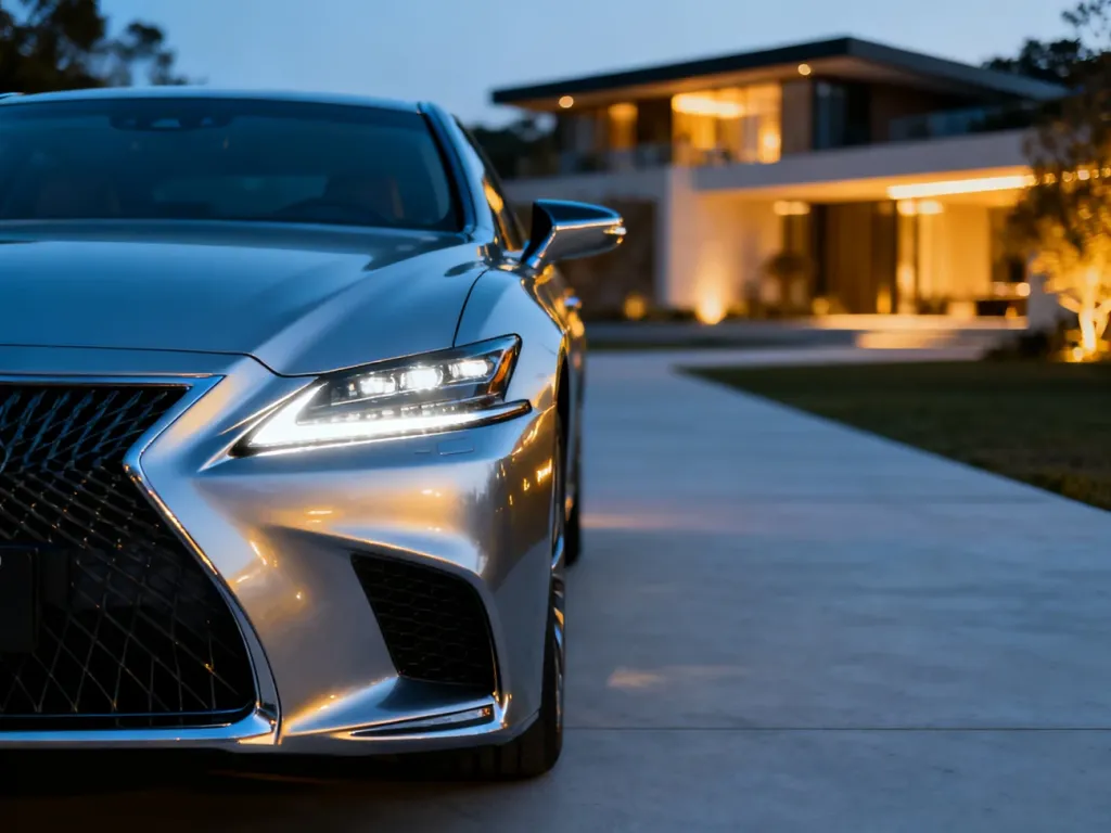 Srebrny Lexus LS500 zaparkowany na nowoczesnym podjeździe o zmierzchu, z wyeksponowanym detalem przedniego reflektora LED.