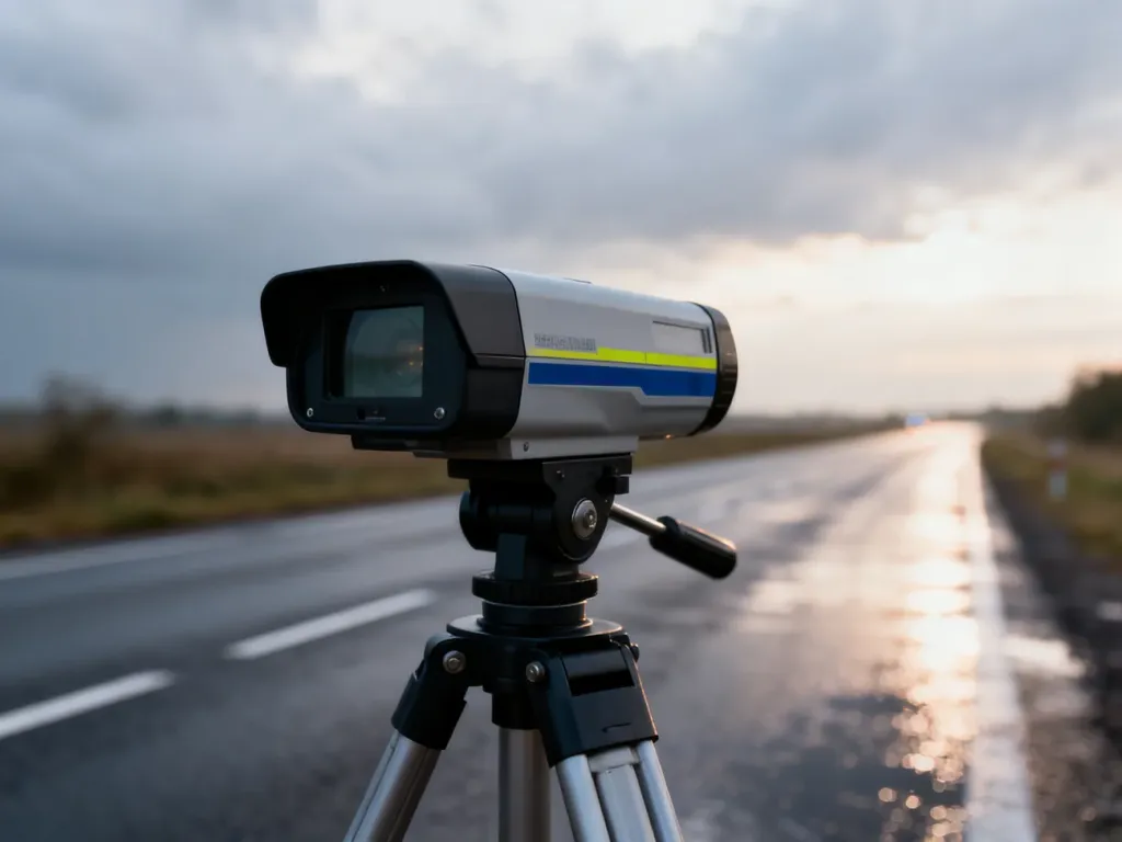 Radar policyjny na statku przy drodze, symbolizujący kontrolę prędkości i egzekwowanie przepisów ruchu drogowego.