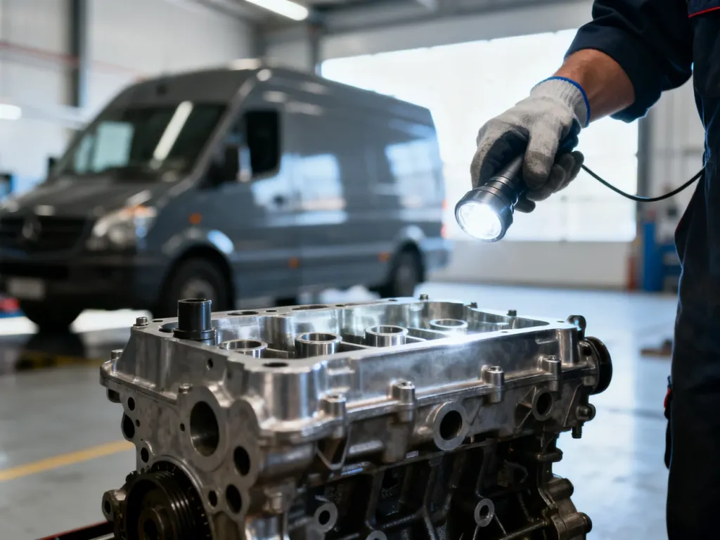 Mechanik z latarką sprawdza silnik używanego vana w profesjonalnym warsztacie samochodowym.