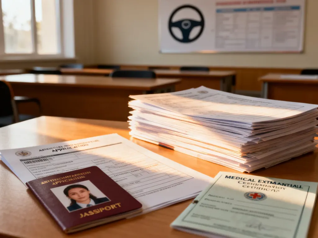 Komplet dokumentów niezbędnych do rozpoczęcia kursu na prawo jazdy, w tym wniosek, zdjęcie biometryczne i orzeczenie lekarskie.