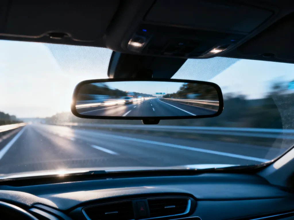 Lusterko wsteczne z rozmytym widokiem drogi, symbolizujące stresującą sytuację z agresywnym kierowcą na autostradzie.