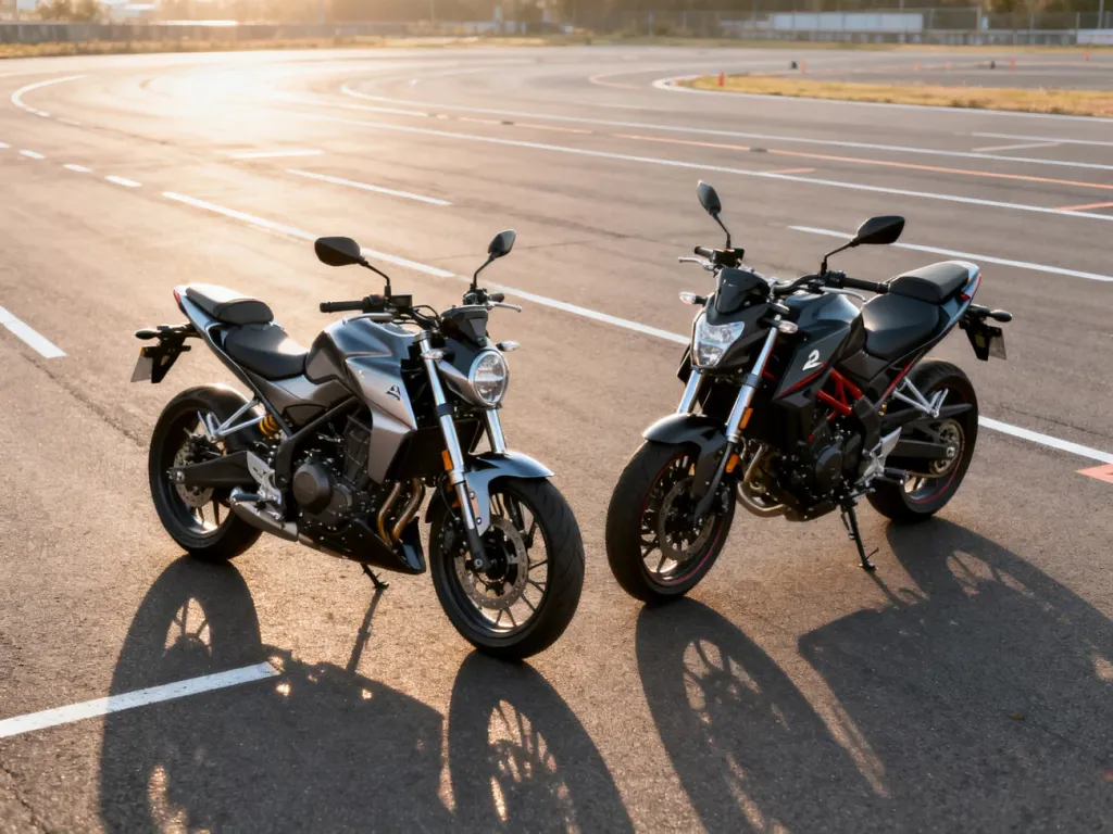 Dwa nowoczesne motocykle na torze szkoleniowym, reprezentujące kategorie prawa jazdy A1 oraz A2.
