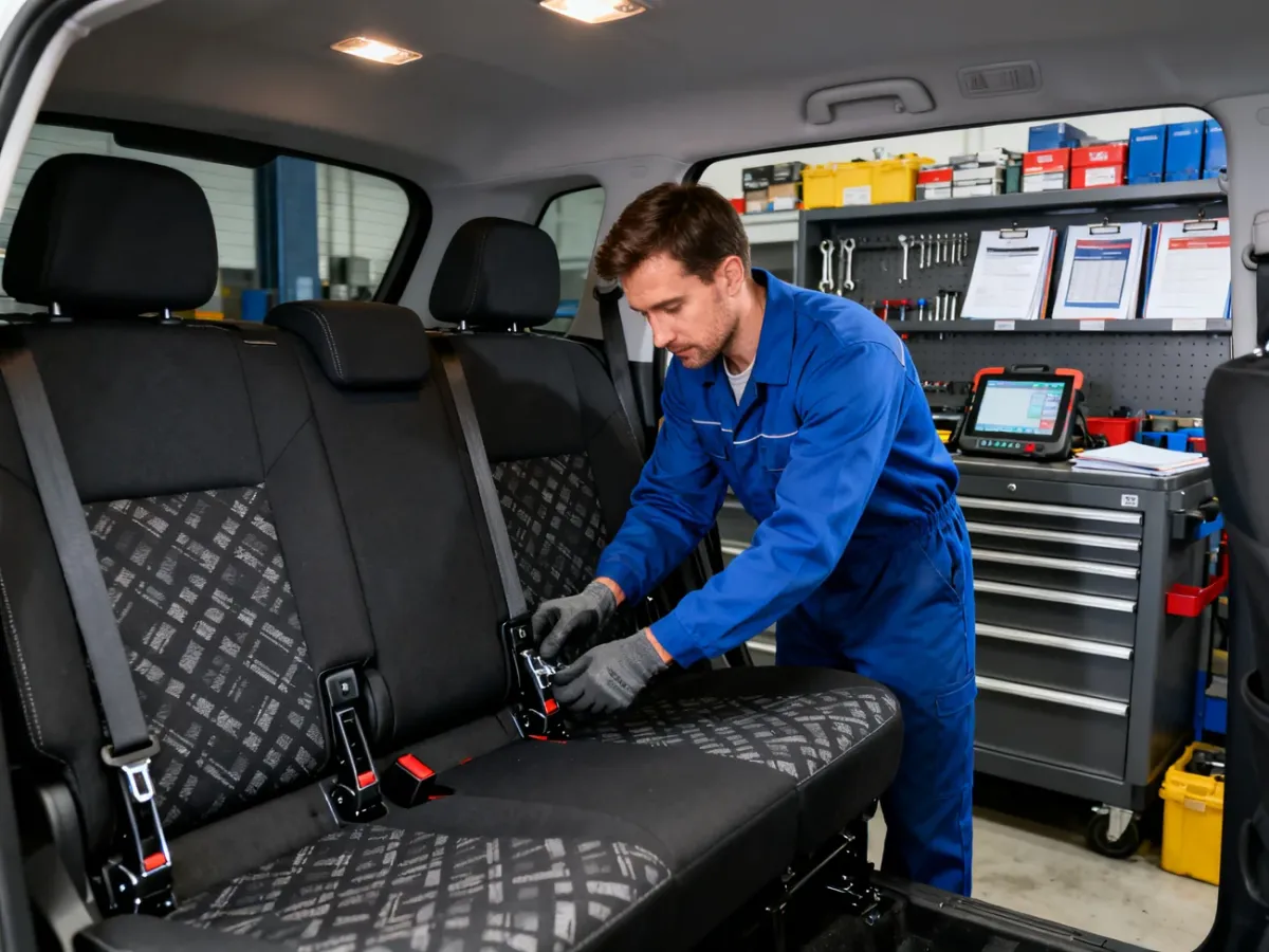 Mechanik sprawdzający stan techniczny używanego samochodu rodzinnego