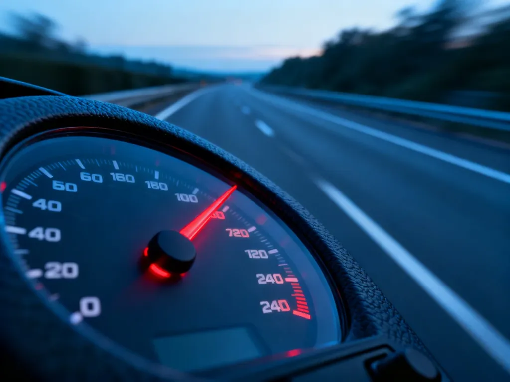 Wskazówka prędkościomierza nowoczesnego samochodu wskazująca wysoką prędkość na tle rozmytej autostrady.