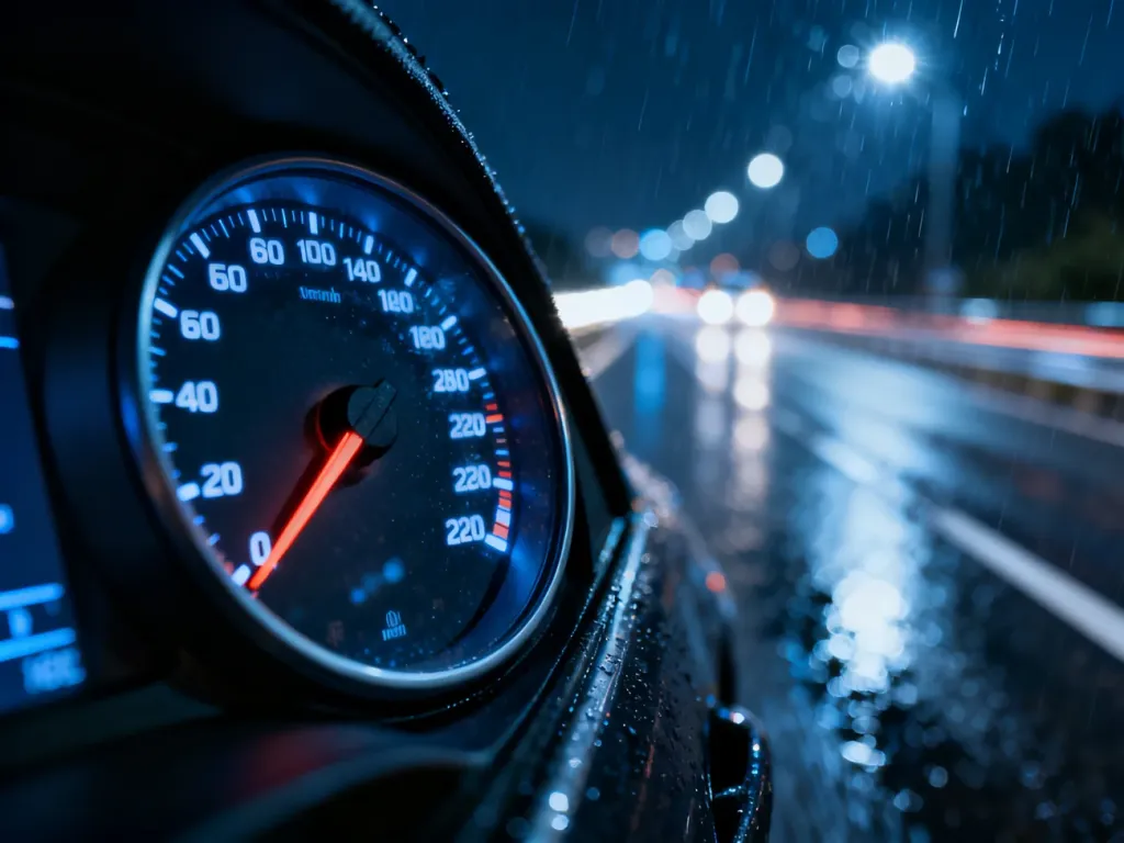 Wskazówka prędkościomierza w nowoczesnym samochodzie wskazująca wysoką prędkość na tle nocnej, deszczowej autostrady.