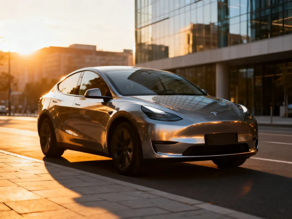 Nowoczesny samochód elektryczny zaparkowany na tle miejskiej architektury podczas zachodu słońca, symbolizujący carsharing.