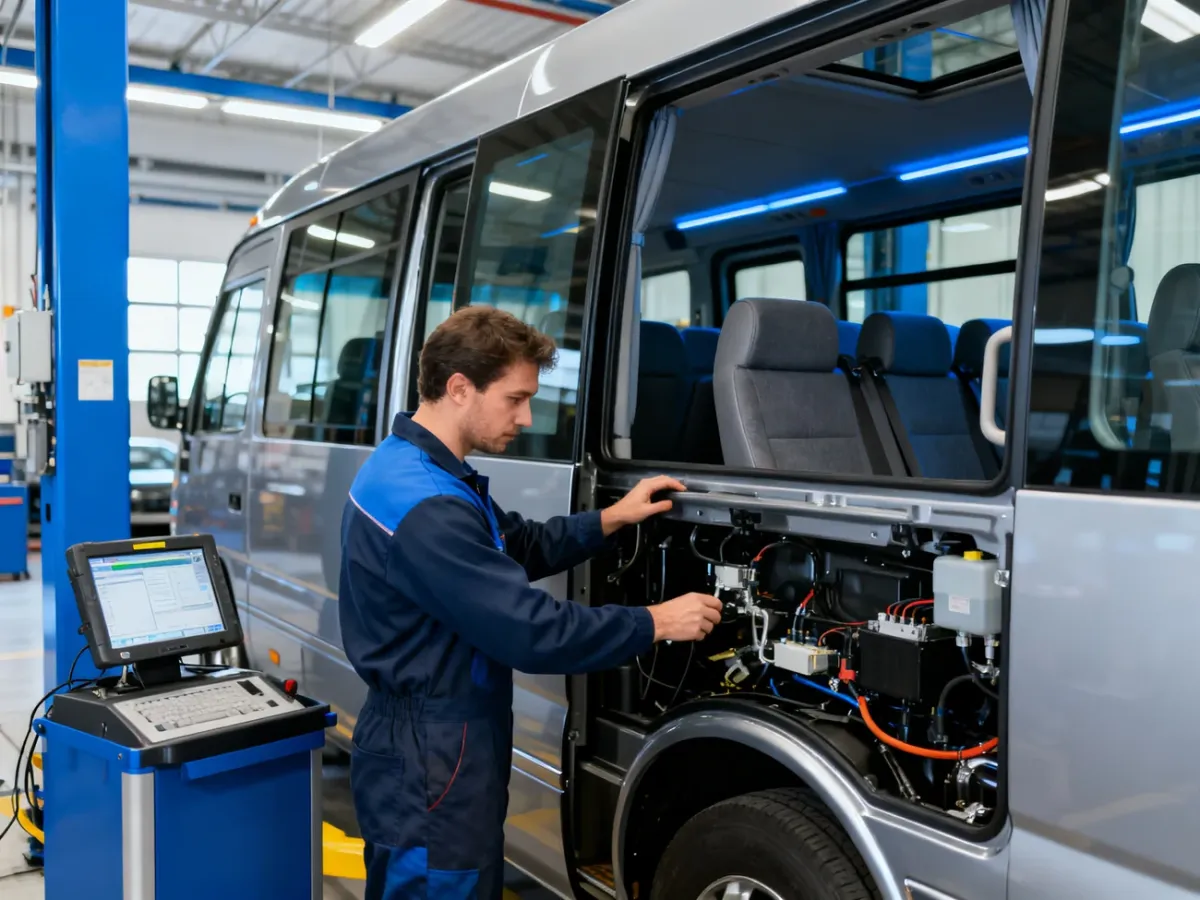 Niezależny mechanik sprawdza stan techniczny używanego busa osobowego