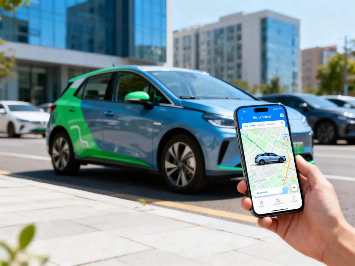 Samochód car-sharingowy zaparkowany na miejskiej ulicy obok smartfona z aplikacją