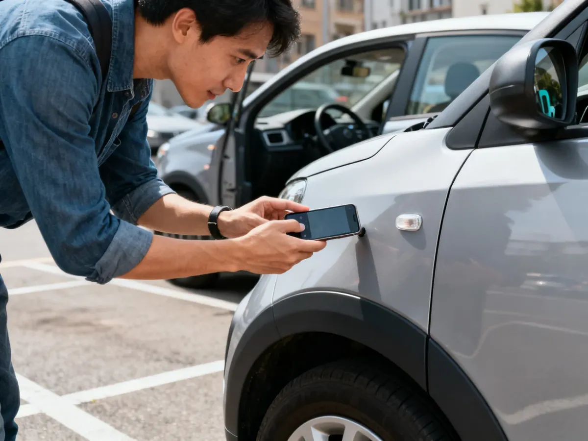 Użytkownik sprawdza samochód car-sharingowy przed rozpoczęciem jazdy