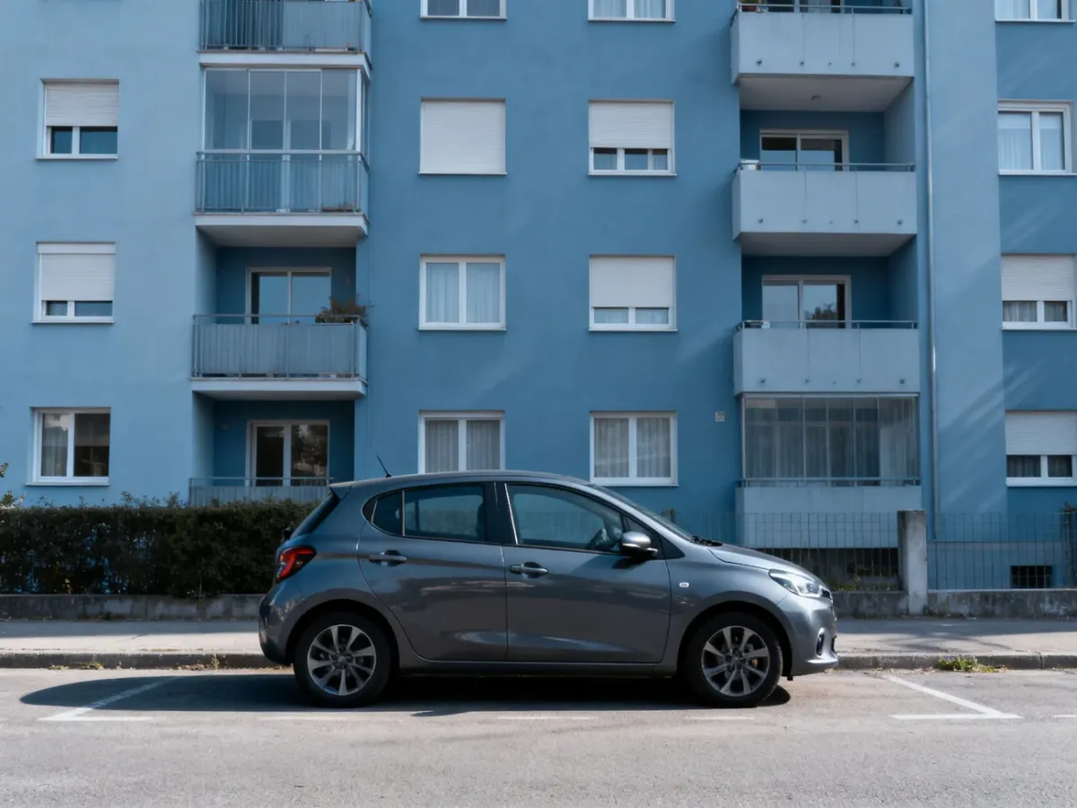 Samochód stojący pod domem na miejskim parkingu