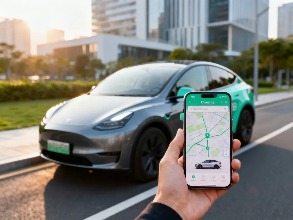 Dłoń trzymająca smartfon z aplikacją do carsharingu na tle nowoczesnego samochodu elektrycznego zaparkowanego w mieście.