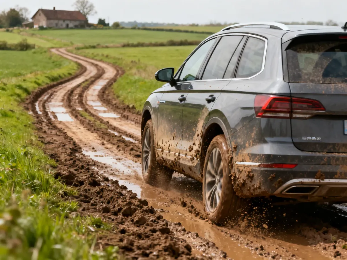 SUV z napędem 4x4 pokonujący błotnistą drogę gruntową