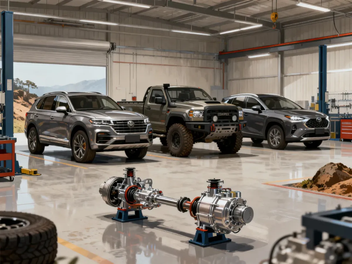 Trzy samochody prezentujące różne rodzaje napędu 4x4 w warsztacie