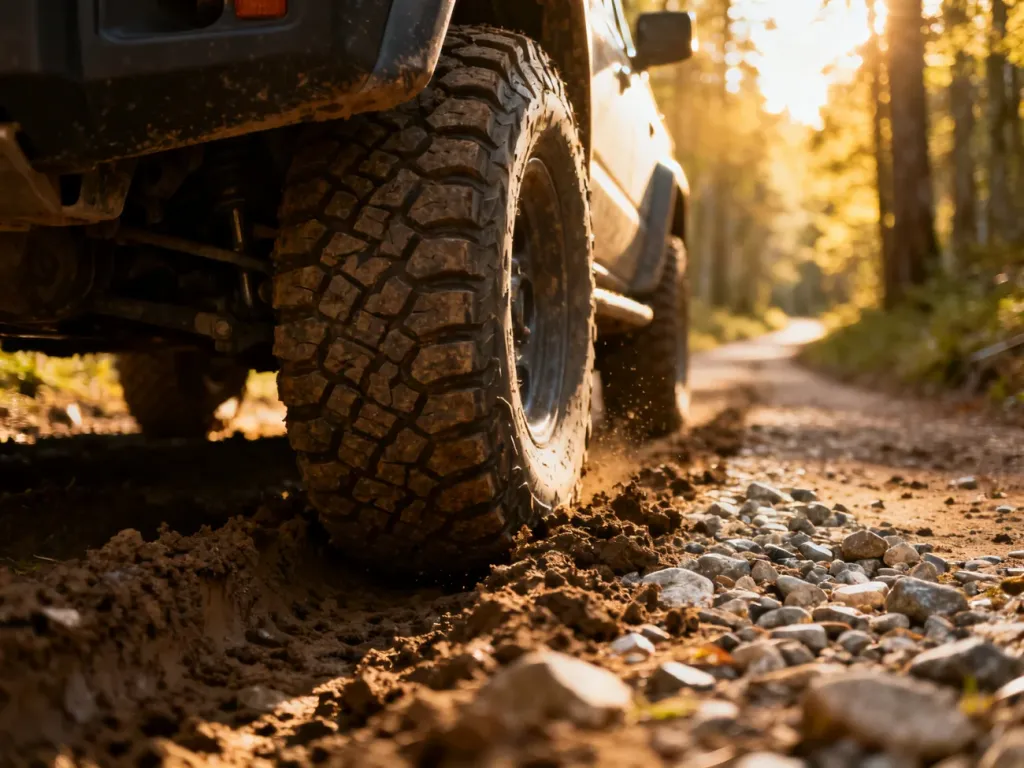 Opona terenowa 4x4 w głębokim błocie na tle leśnej ścieżki w promieniach zachodzącego słońca.
